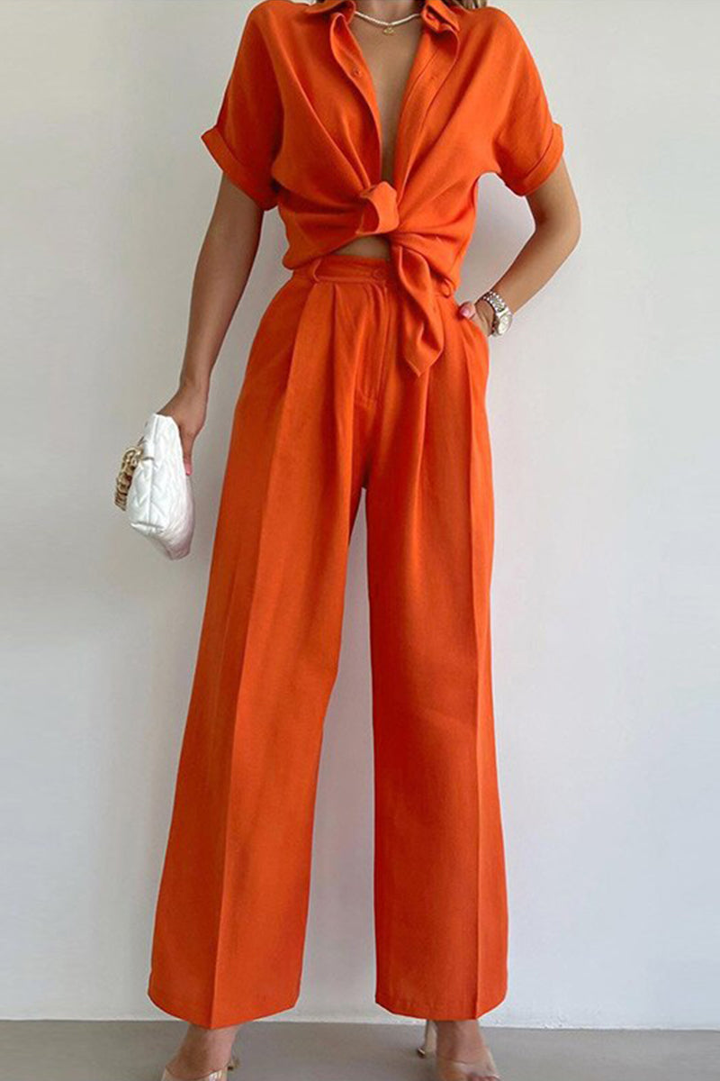 Kaynafashions - Casual Solid Patchwork Turndown Collar Short Sleeve Two Pieces