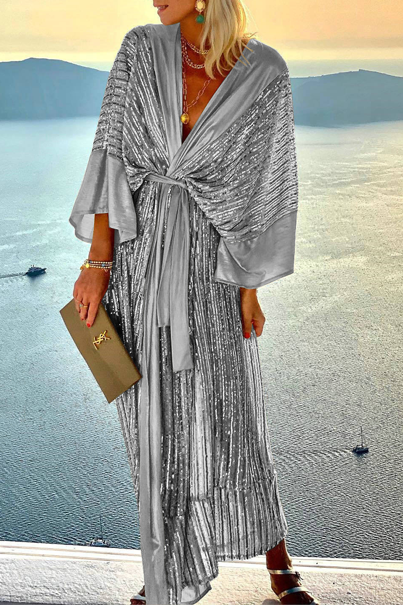 Kaynafashions - Casual Patchwork Sequins V Neck Waist Skirt Dresses(3 Colors)