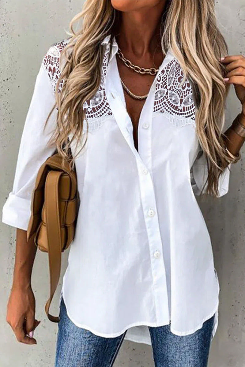 Kaynafashions - Casual Solid Lace Turndown Collar Tops