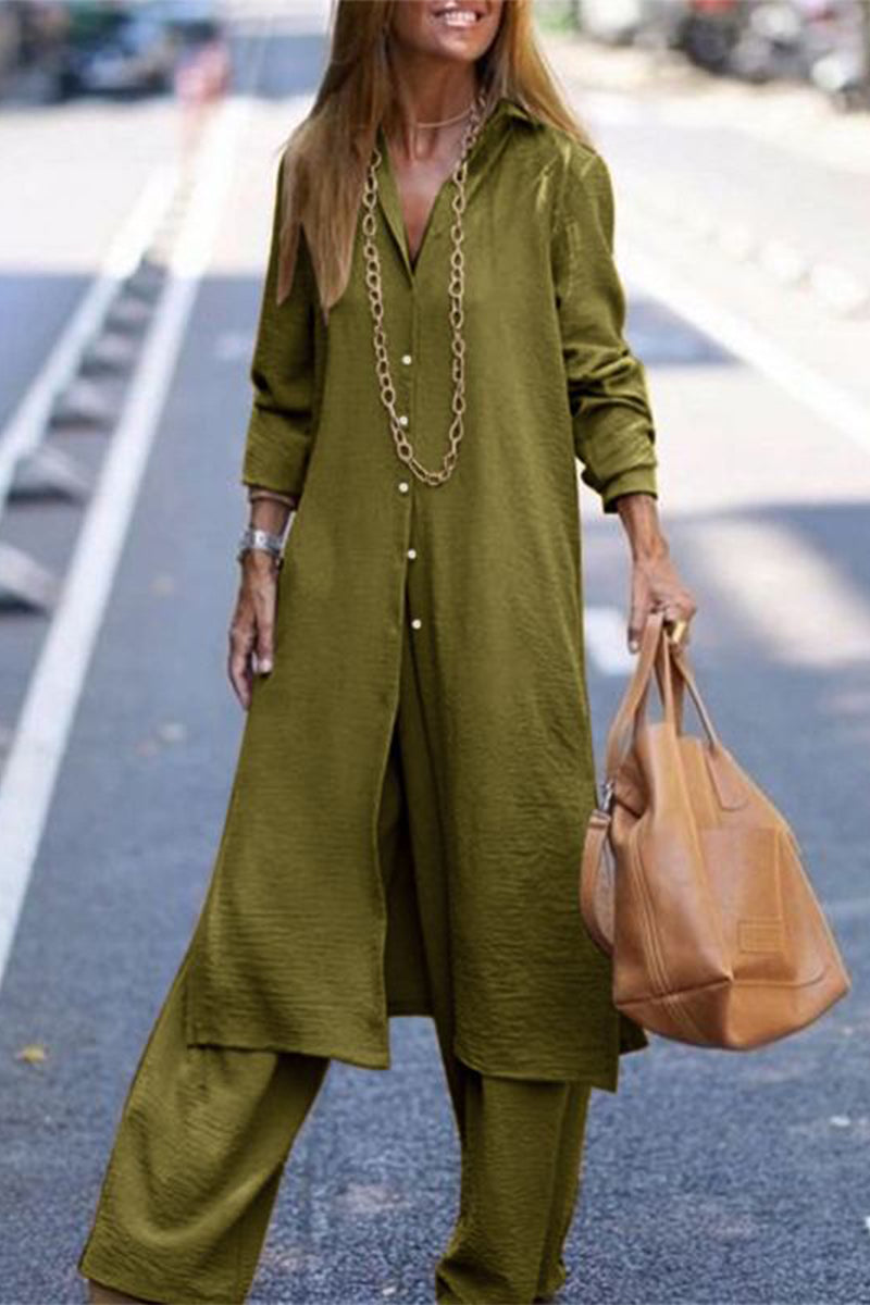 Kaynafashions - Casual Solid Buttons Turndown Collar Long Sleeve Two Pieces(3 Colors)