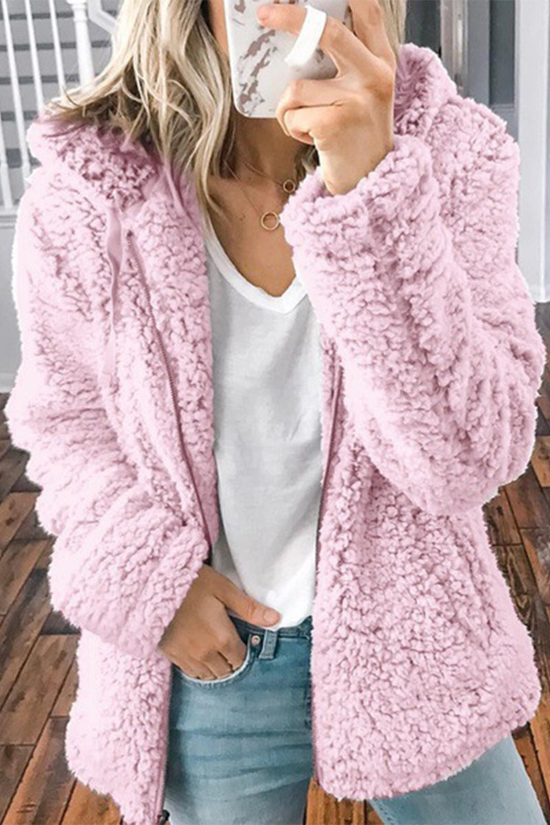 Kaynafashions - Fashion Solid Pocket Zipper Hooded Collar Outerwear(4 Colors)