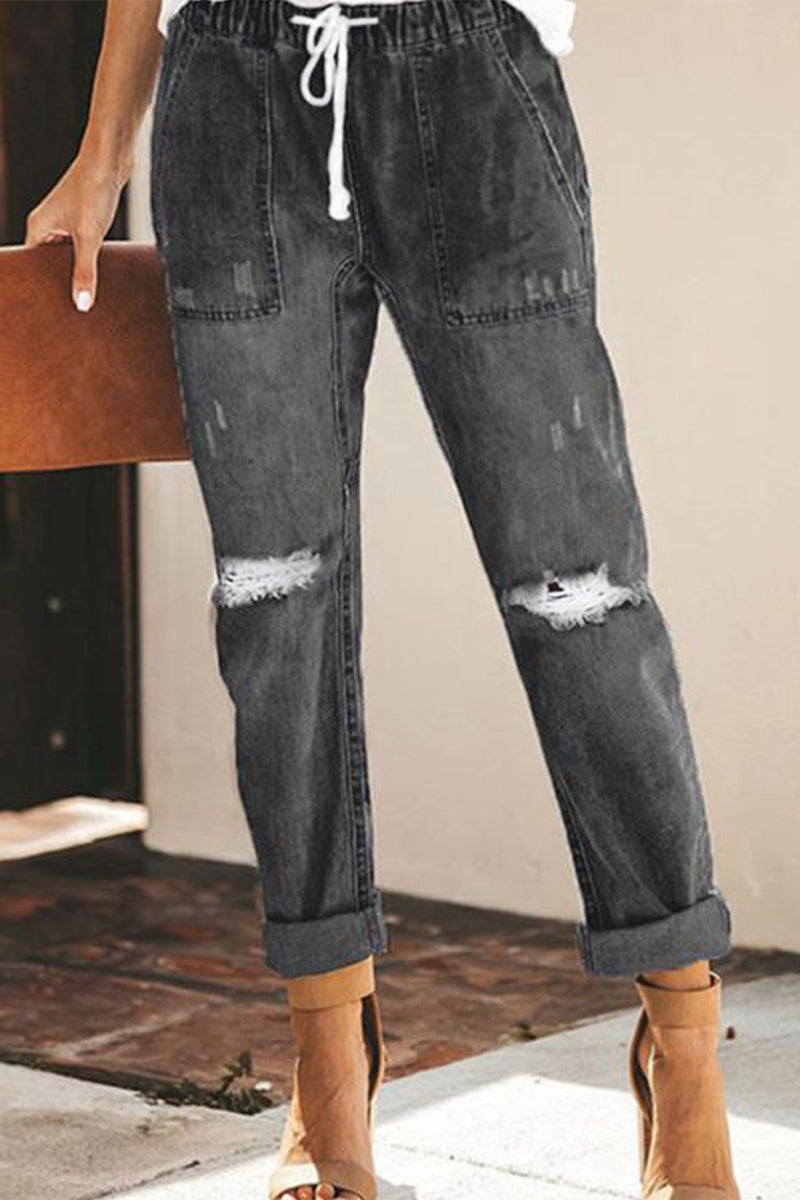 Kaynafashions - Street Solid Ripped Frenulum Straight Denim Jeans