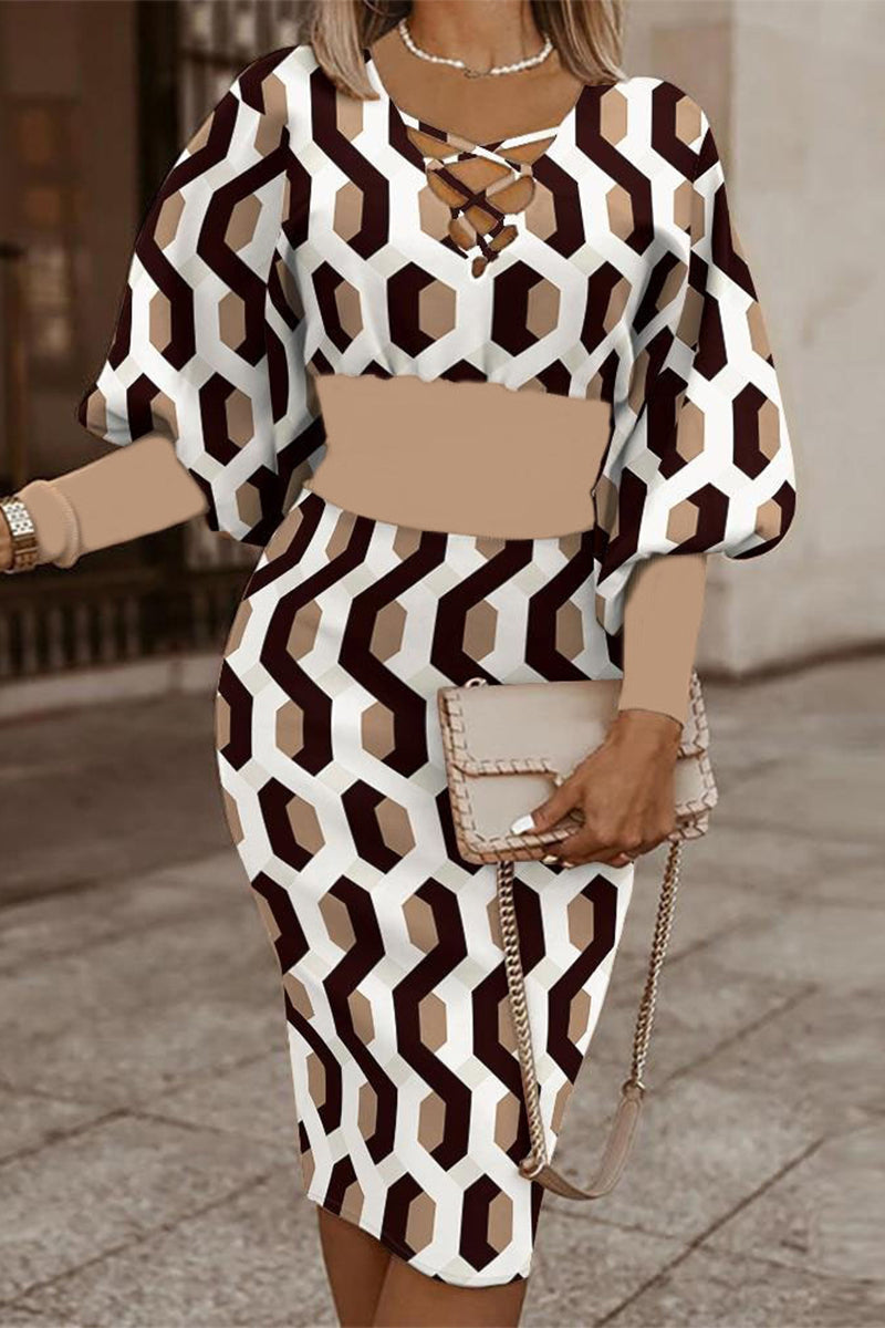 Kaynafashions - Elegant Print Bandage V Neck Wrapped Skirt Dresses