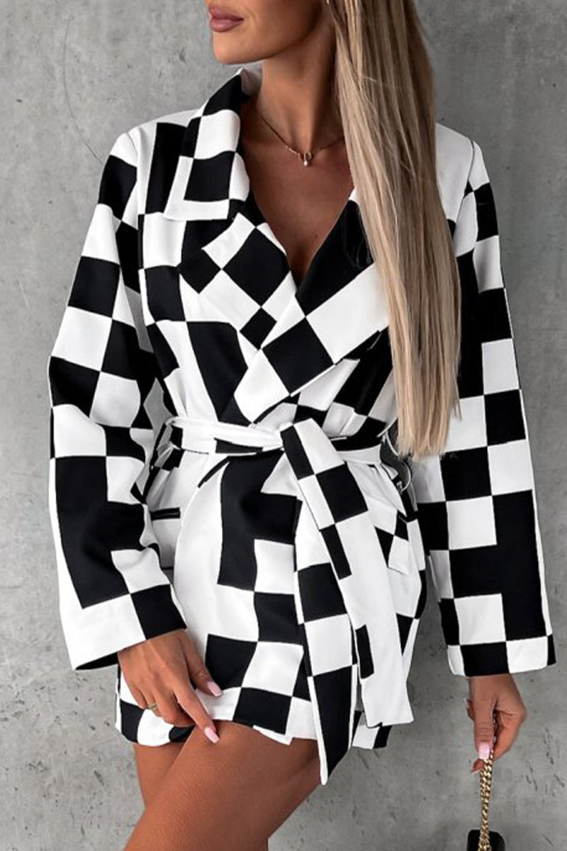 Kaynafashions - British Style Elegant Plaid Bandage Printing Turn-back Collar Outerwear