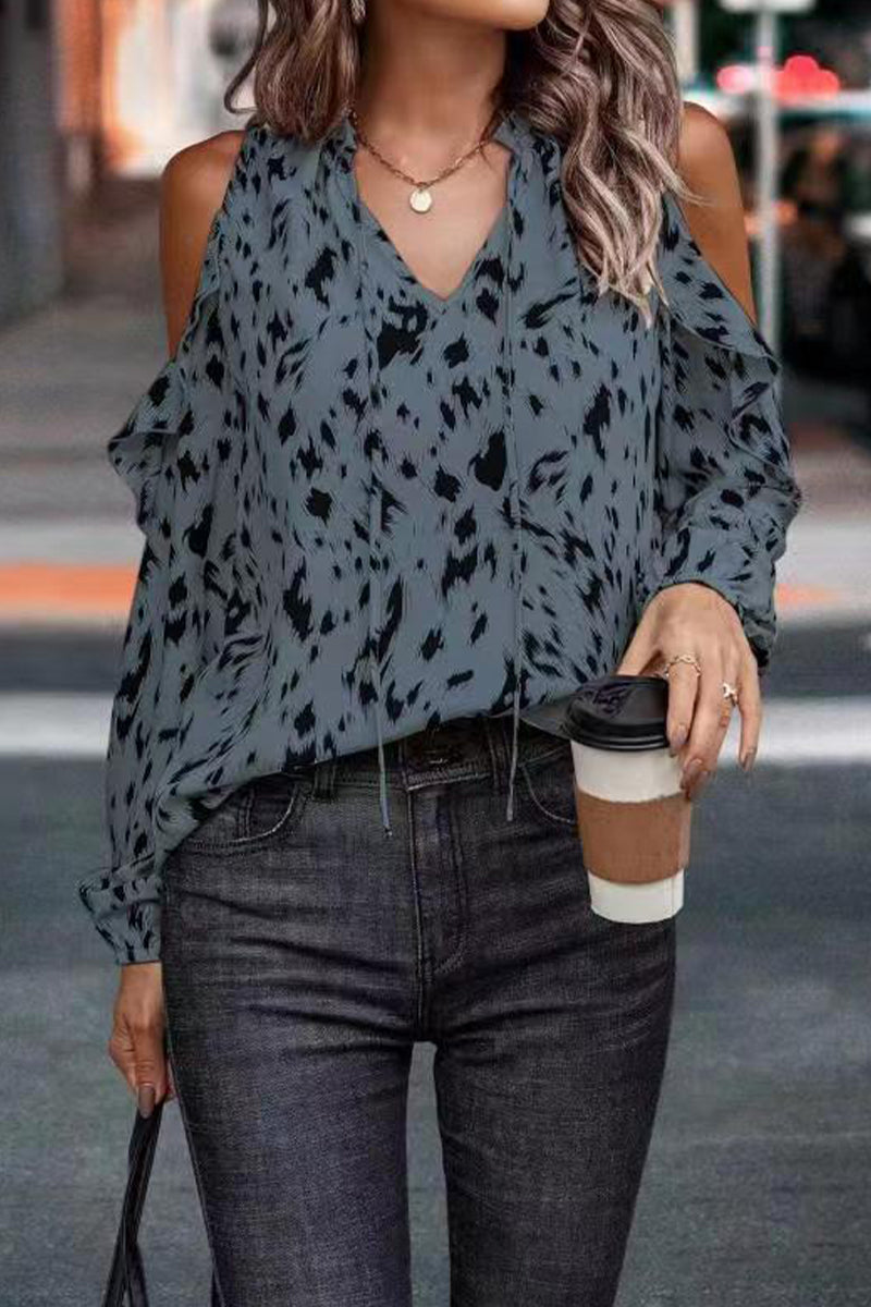 Kaynafashions - Work Elegant Print Frenulum V Neck Tops(6 Colors)