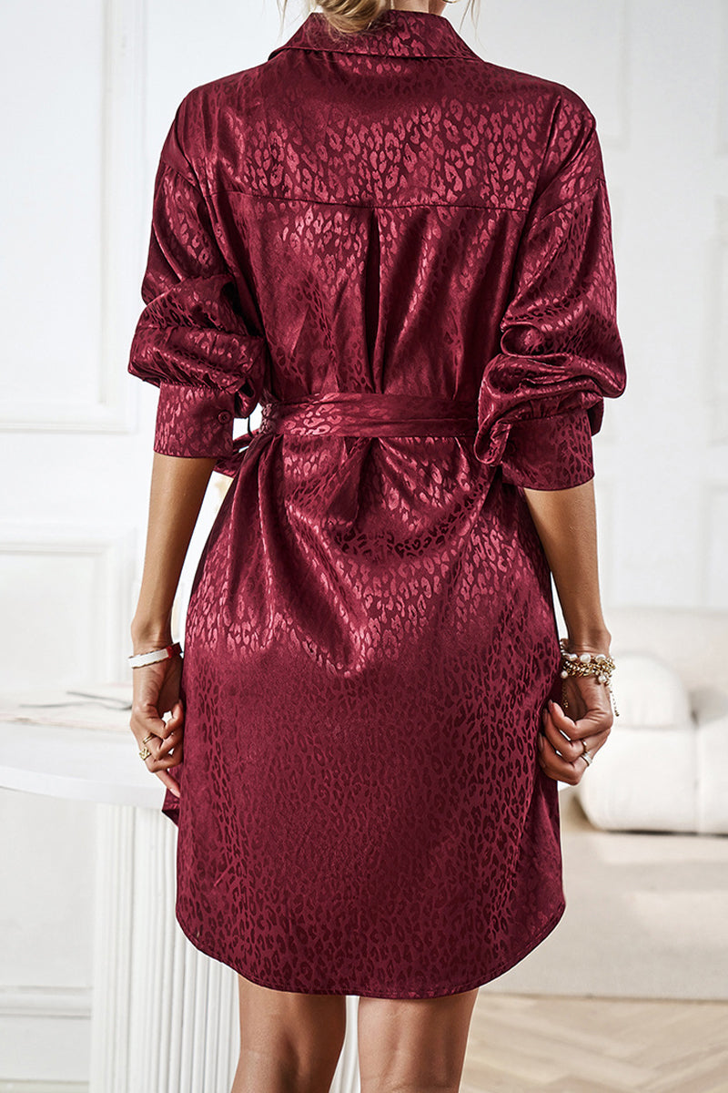 Kaynafashions - Casual Leopard Frenulum Turndown Collar Shirt Dress Dresses