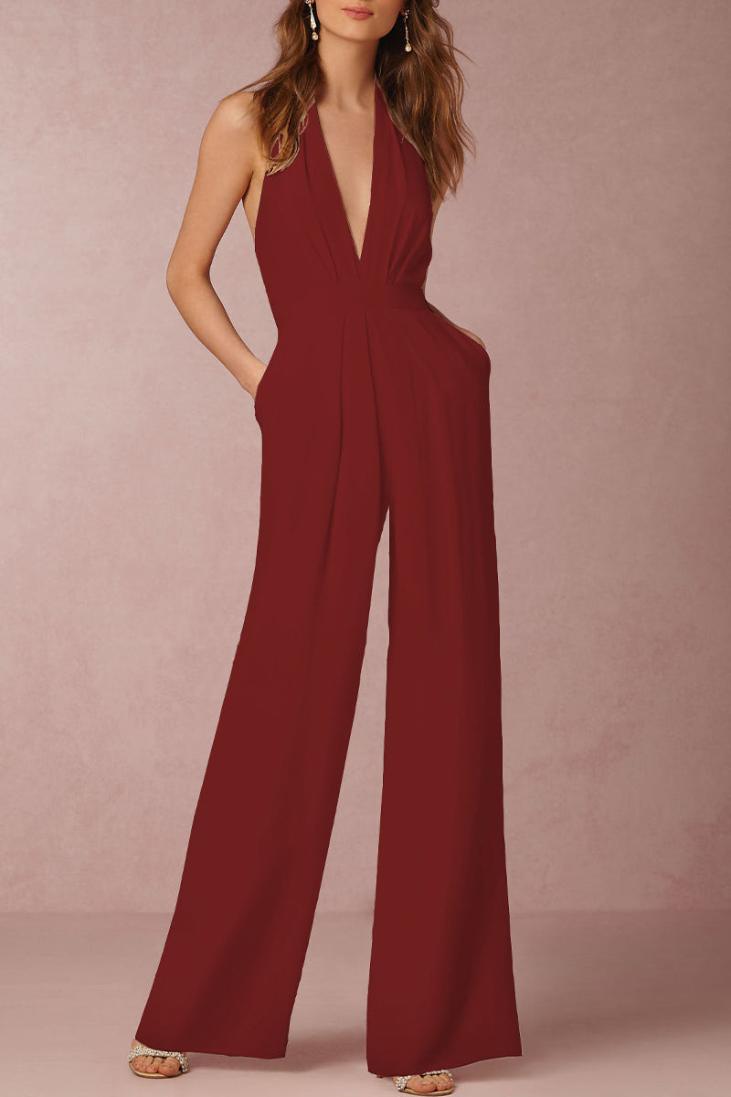 Kaynafashions - Sexy Elegant Solid Backless Fold V Neck Regular Jumpsuits(12 Colors)