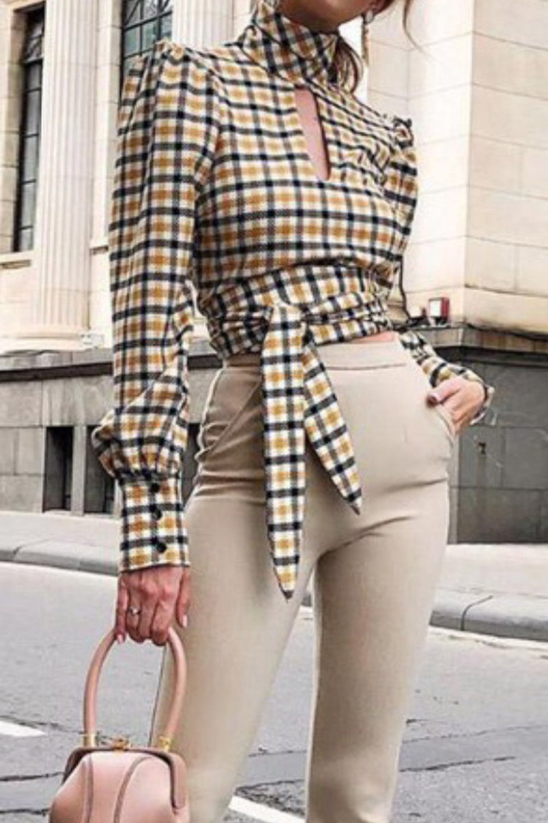Kaynafashions - Celebrities Elegant Plaid With Bow Contrast Mandarin Collar Tops