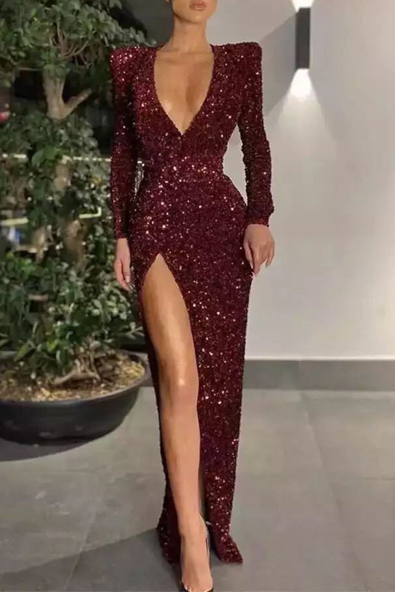 Kaynafashions - Sexy Formal Solid Sequined V Neck Evening Dress Dresses(3 Colors)