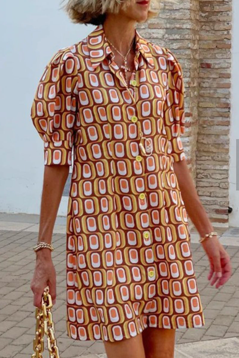 Kaynafashions - Casual Sweet Geometric Printing Turndown Collar Shirt Dress Dresses