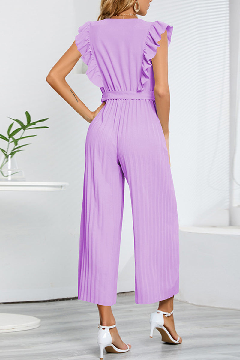 Kaynafashions - Casual Simplicity Solid With Belt V Neck Regular Jumpsuits