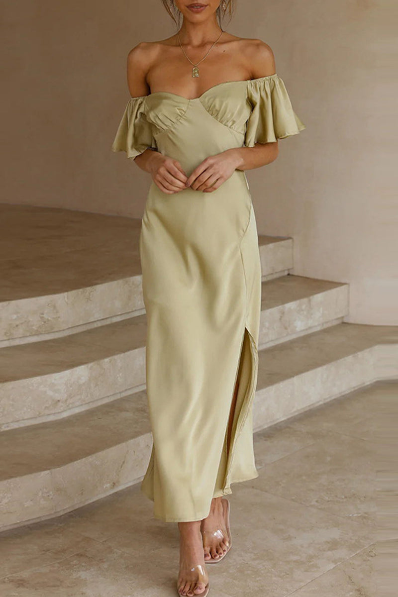 Kaynafashions - Sexy Celebrities Solid Slit Off the Shoulder Pleated Dresses