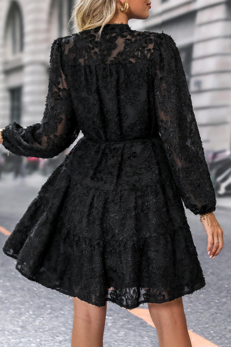 Kaynafashions - Elegant Solid Flounce Mandarin Collar A Line Dresses