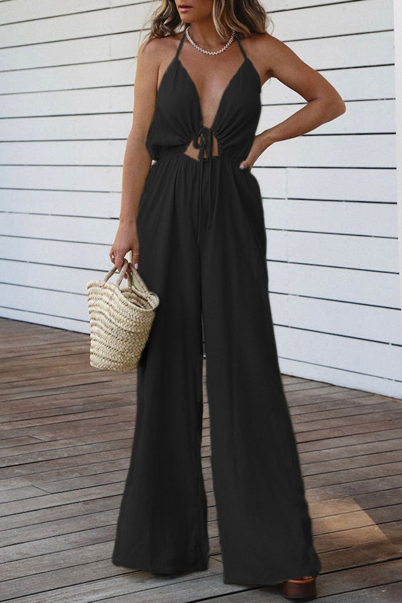 Kaynafashions - Casual Solid Backless V Neck Regular Jumpsuits(3 Colors)