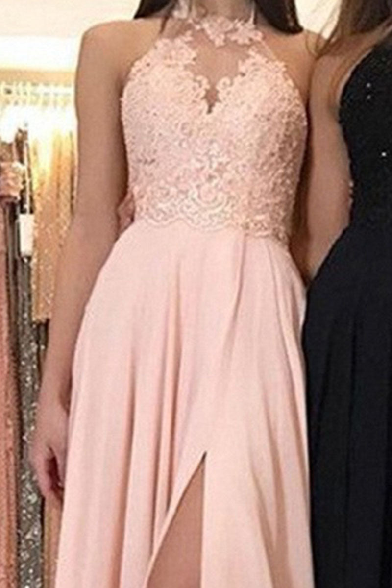 Kaynafashions - Elegant Solid Patchwork Slit Halter A Line Dresses