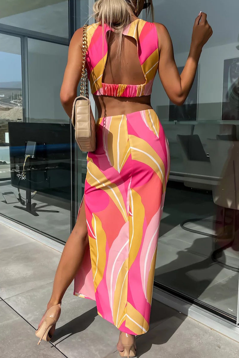 Kaynafashions - Sexy Celebrities Geometric Print Backless Slit O Neck A Line Dresses