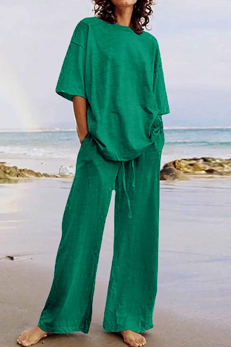 Kaynafashions - Casual Living Solid O Neck Short Sleeve Two Pieces(11 Colors)