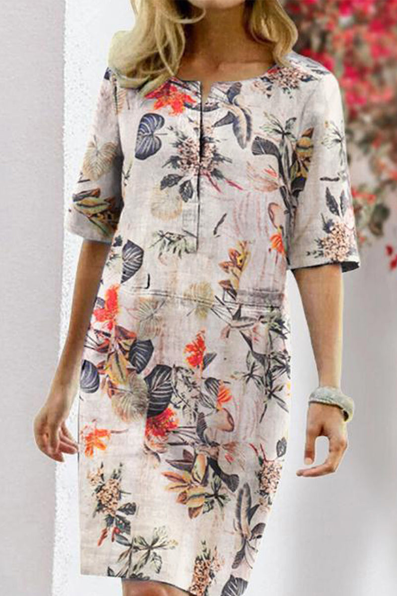 Kaynafashions - Elegant College Floral Patchwork O Neck Printed Dress Dresses