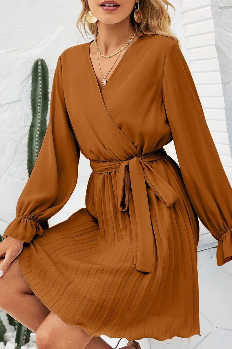 Kaynafashions - Sweet Patchwork Frenulum Fold V Neck Pleated Dresses(5 Colors)