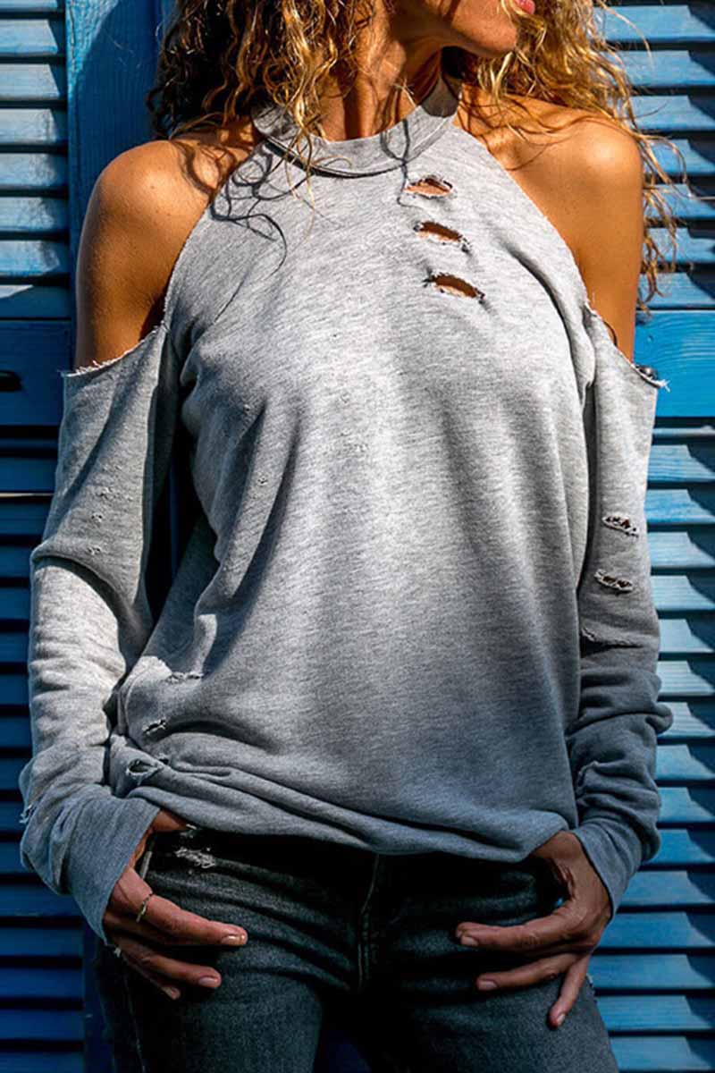 Kaynafashions - Street Solid Ripped Burn-out O Neck Tops(4 Colors)