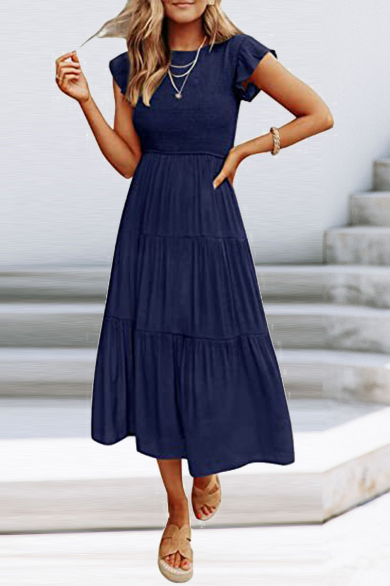 Kaynafashions - Fashion Solid Flounce O Neck Cake Skirt Dresses(9 colors)