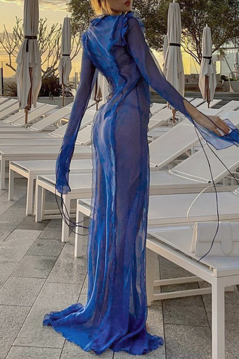 Kaynafashions - Sexy Solid Frenulum See-through V Neck A Line Dresses