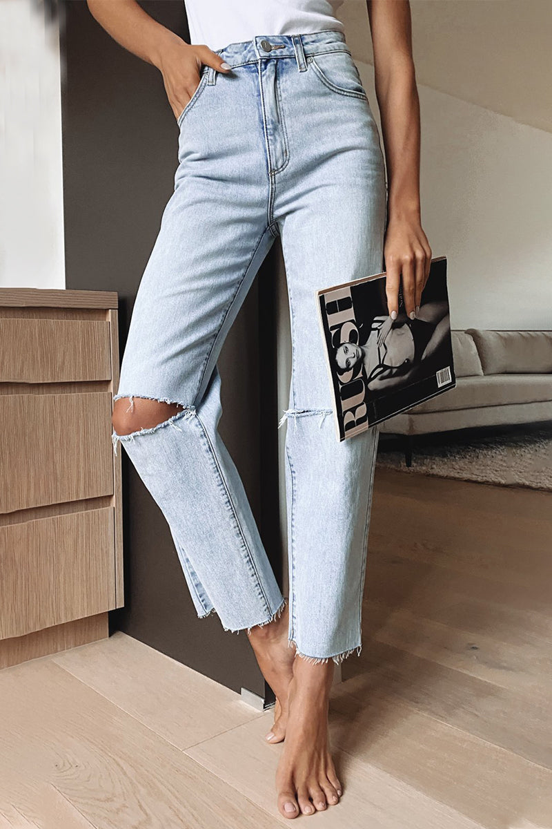 Kaynafashions - Casual Street Solid Ripped High Waist Regular Denim Jeans