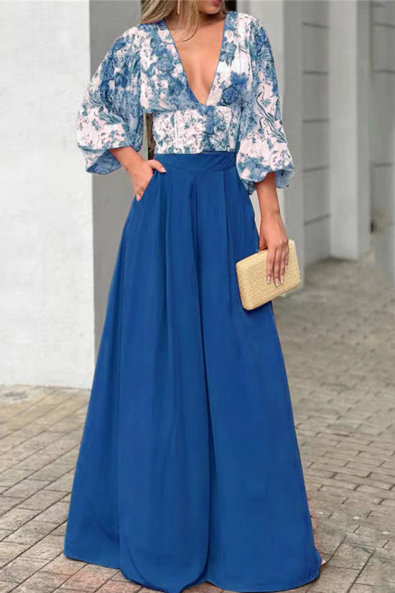 Kaynafashions - Casual Street Print Patchwork V Neck Long Sleeve Two Pieces(5 Colors)