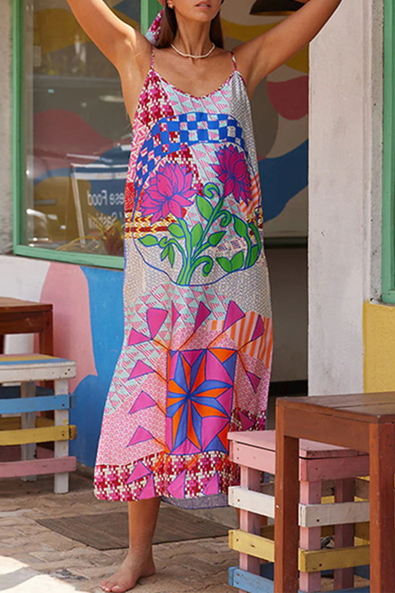 Kaynafashions - Casual Print Contrast V Neck Sling Dress Dresses