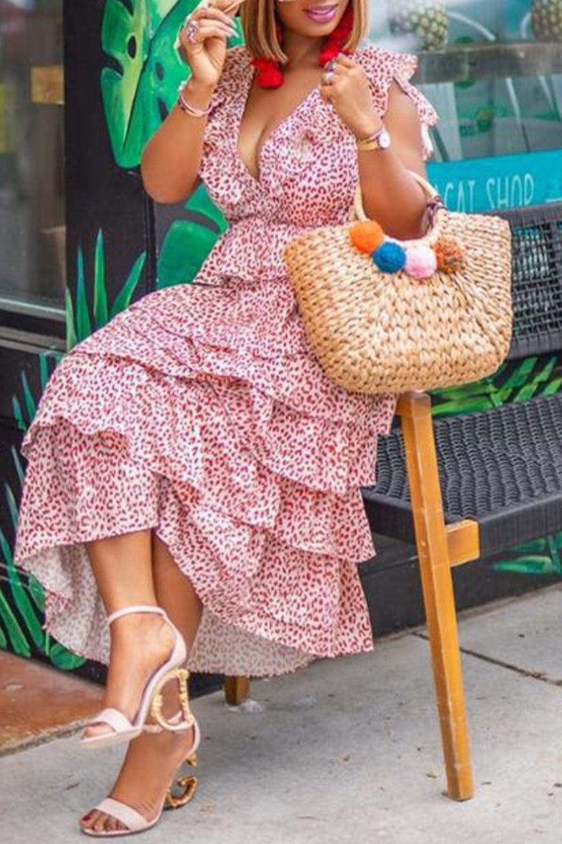 Kaynafashions - Sexy Vacation Print Patchwork V Neck Cake Skirt Dresses