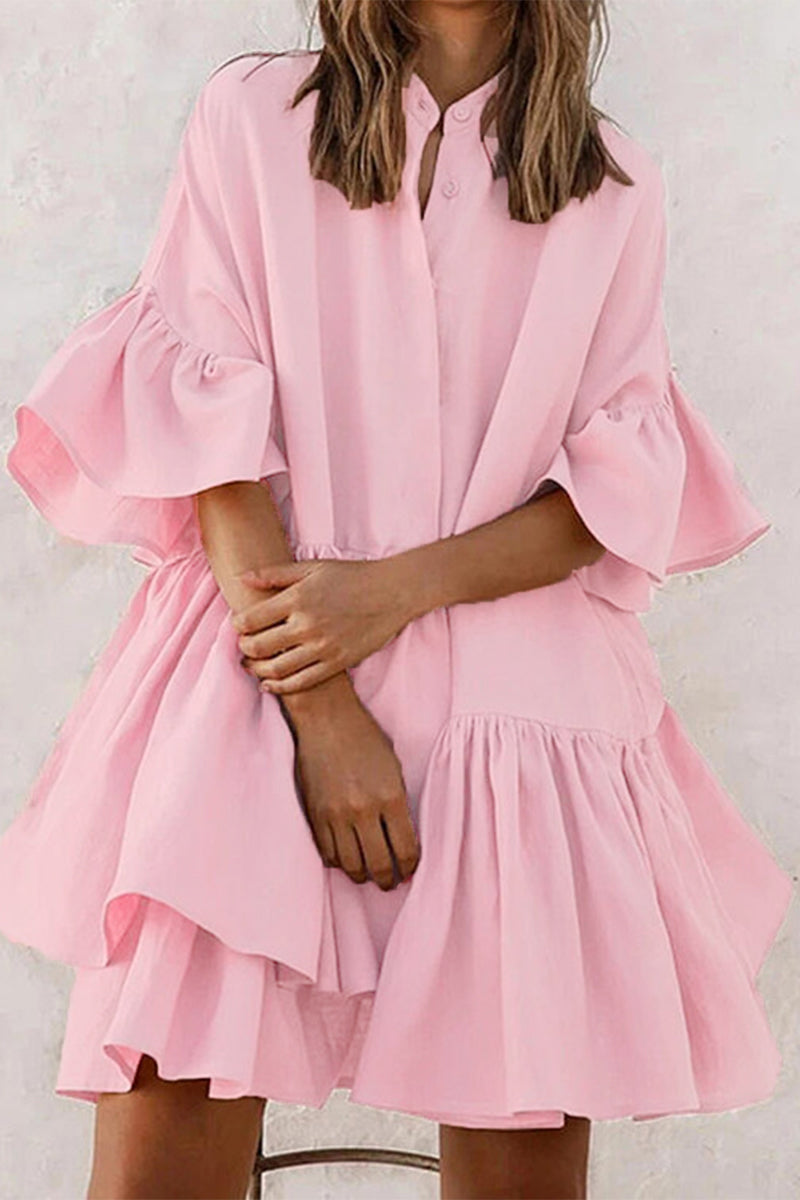 Kaynafashions - Sweet Elegant Solid Mandarin Collar Pleated Dresses