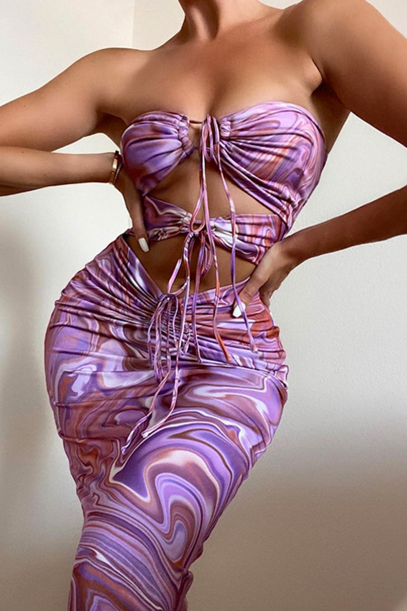 Kaynafashions - Sexy Party Print Hollowed Out Frenulum Asymmetrical Halter Dresses