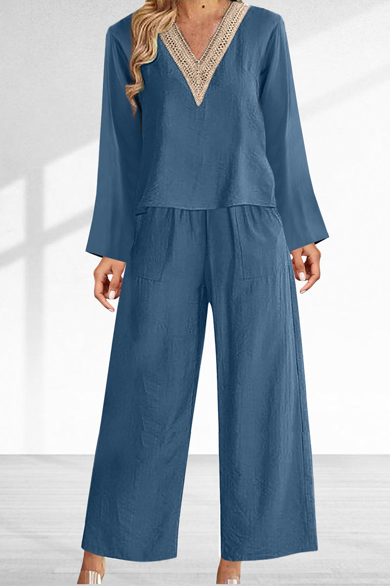 Kaynafashions - Casual Solid Lace Patchwork V Neck Long Sleeve Two Pieces