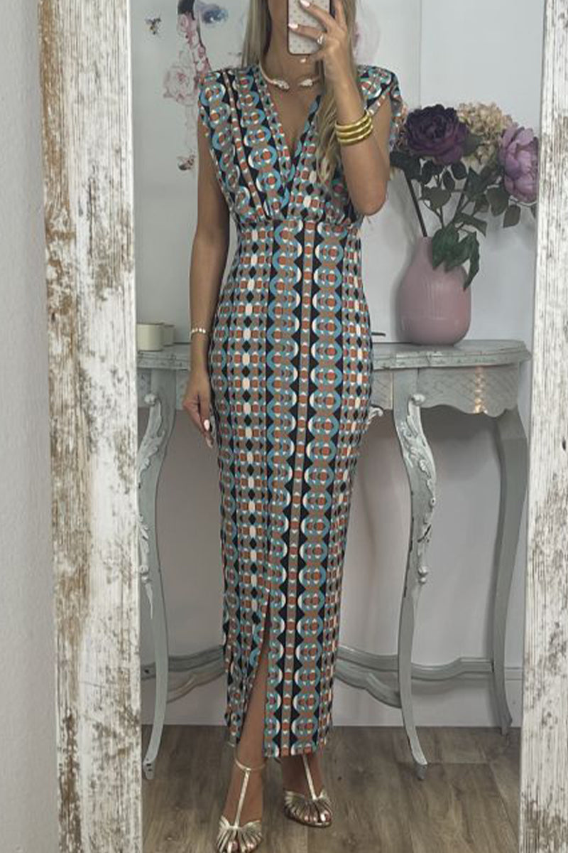 Kaynafashions - Casual Geometric Printing V Neck Sleeveless Dress Dresses