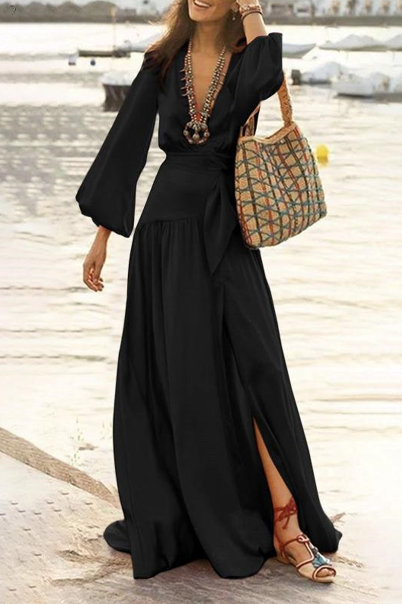 Kaynafashions - Casual Solid Patchwork V Neck Cake Skirt Dresses(3 Colors)