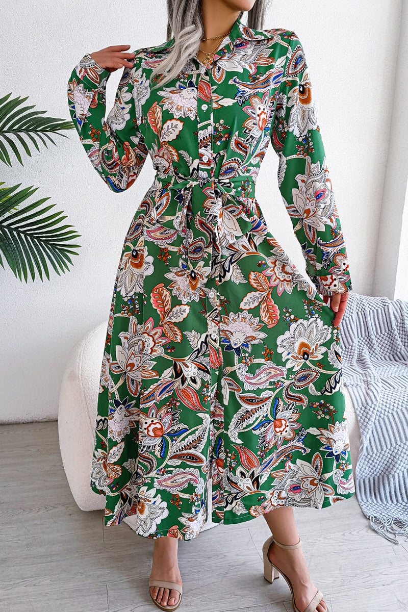 Kaynafashions - Floral Frenulum Buckle Turndown Collar One Step Skirt Dresses(3 Colors)