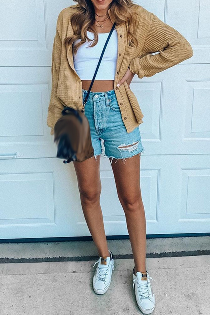 Kaynafashions - Casual Solid Patchwork Turndown Collar Tops