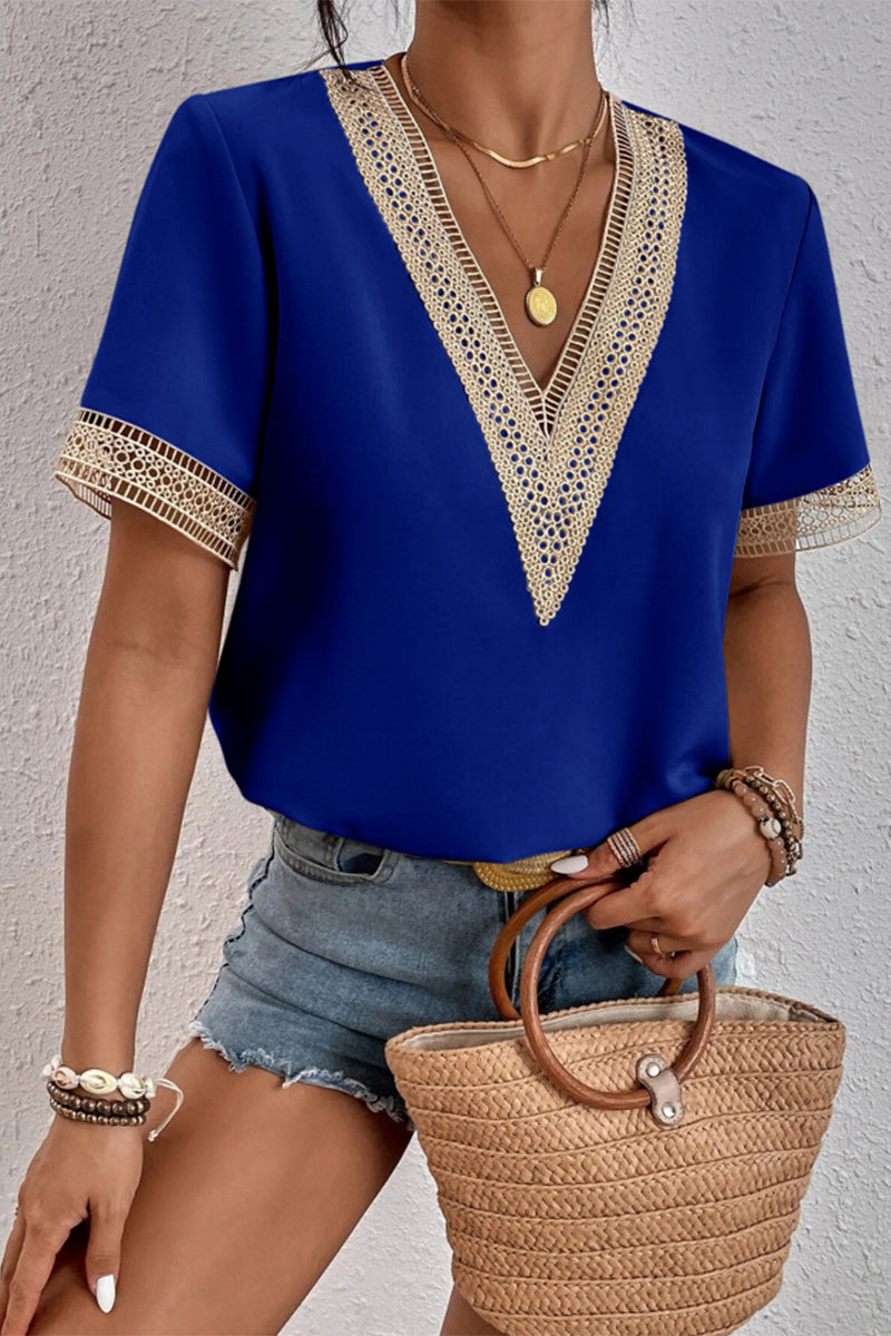 Kaynafashions - Casual Simplicity Solid Patchwork V Neck Tops(8 Colors)