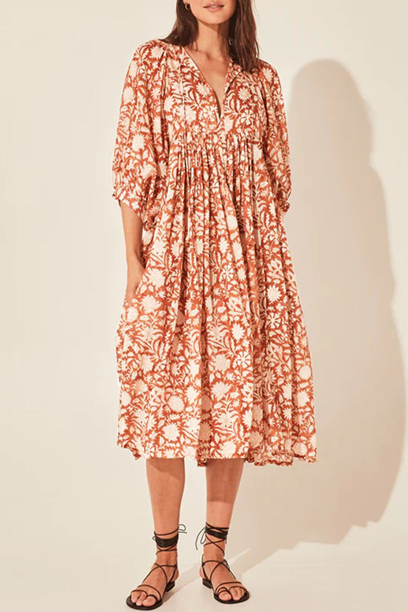 Kaynafashions - College Vacation Floral Patchwork Frenulum Asymmetrical Collar Beach Dress Dresses(6 Colors)