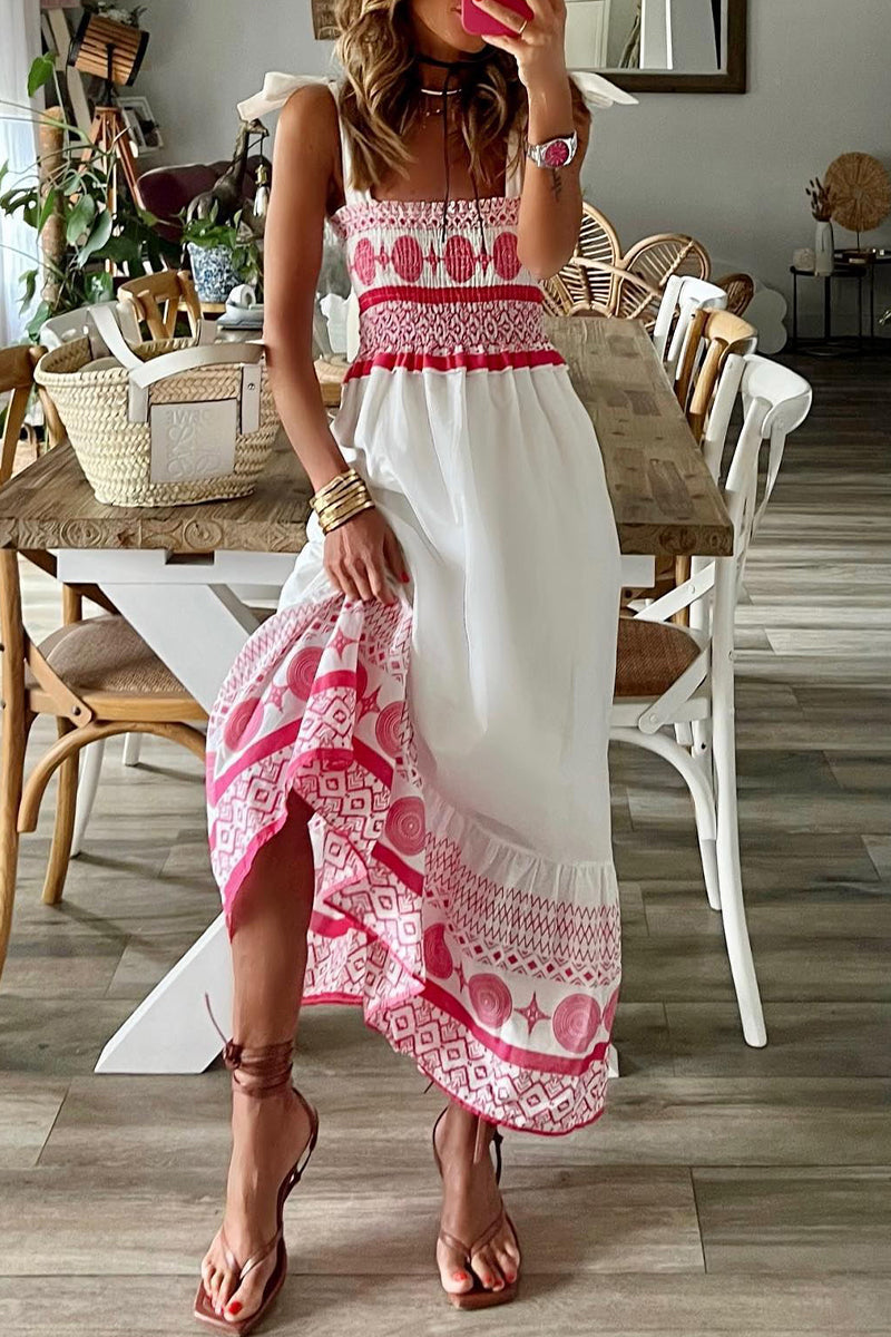 Kaynafashions - Casual Sweet Print Frenulum Square Collar Sling Dress Dresses