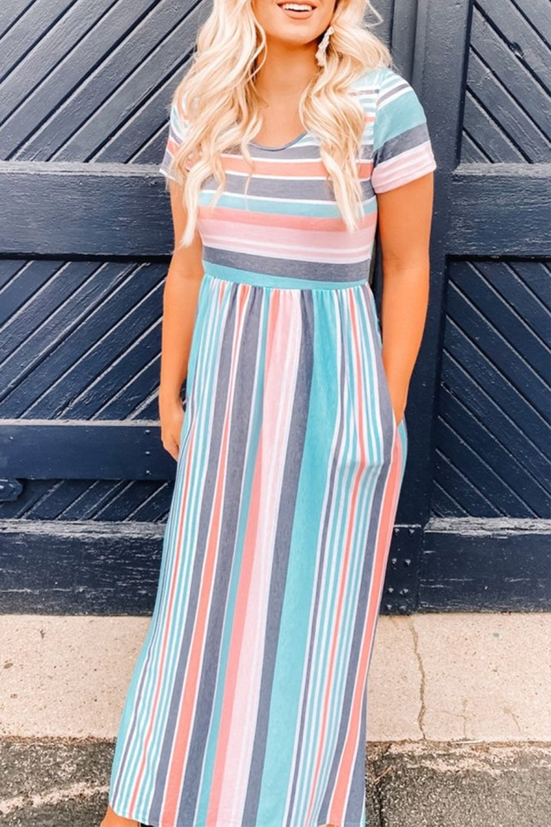 Kaynafashions - Casual Striped Patchwork U Neck Straight Dresses