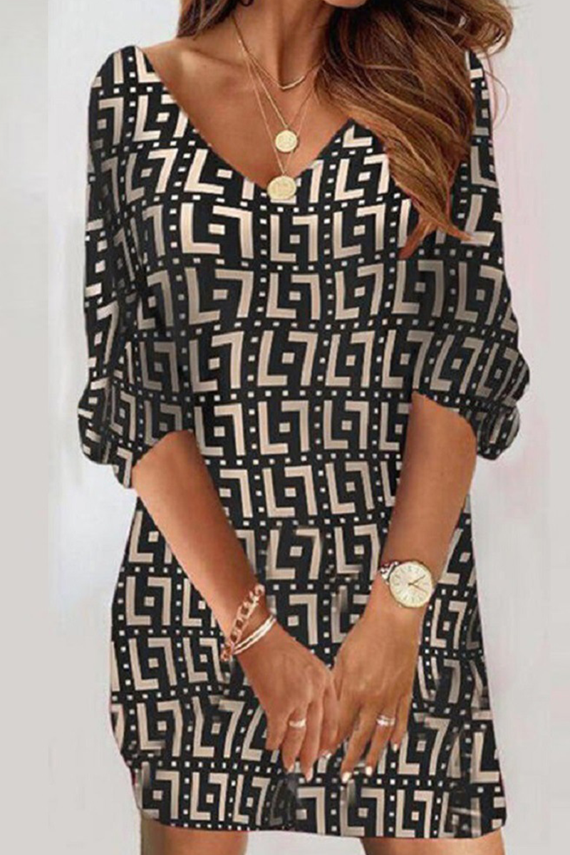 Kaynafashions - Casual Print Patchwork V Neck Straight Dresses(5 colors)