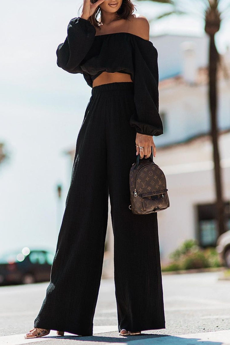 Kaynafashions - Casual Simplicity Solid Fold Off the Shoulder Long Sleeve Two Pieces