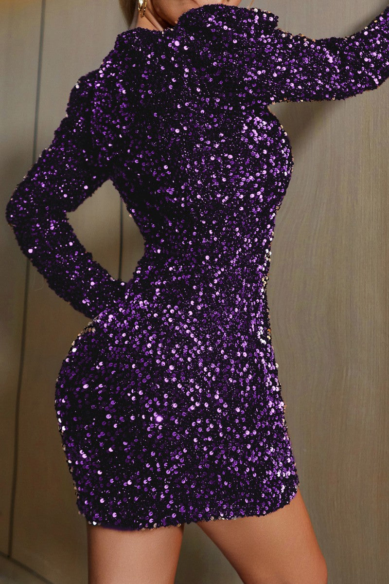 Kaynafashions - Sexy Casual Patchwork Sequins V Neck Long Sleeve Dresses