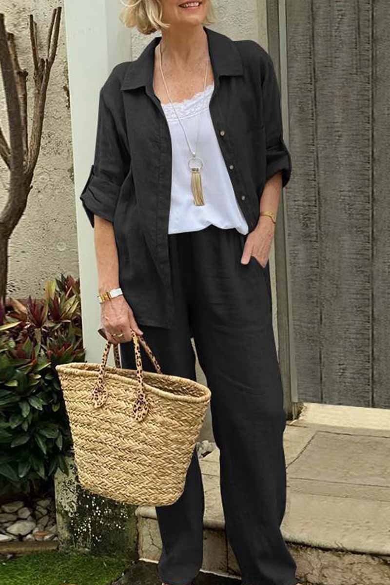 Kaynafashions - Casual Solid Patchwork Turndown Collar Long Sleeve Two Pieces