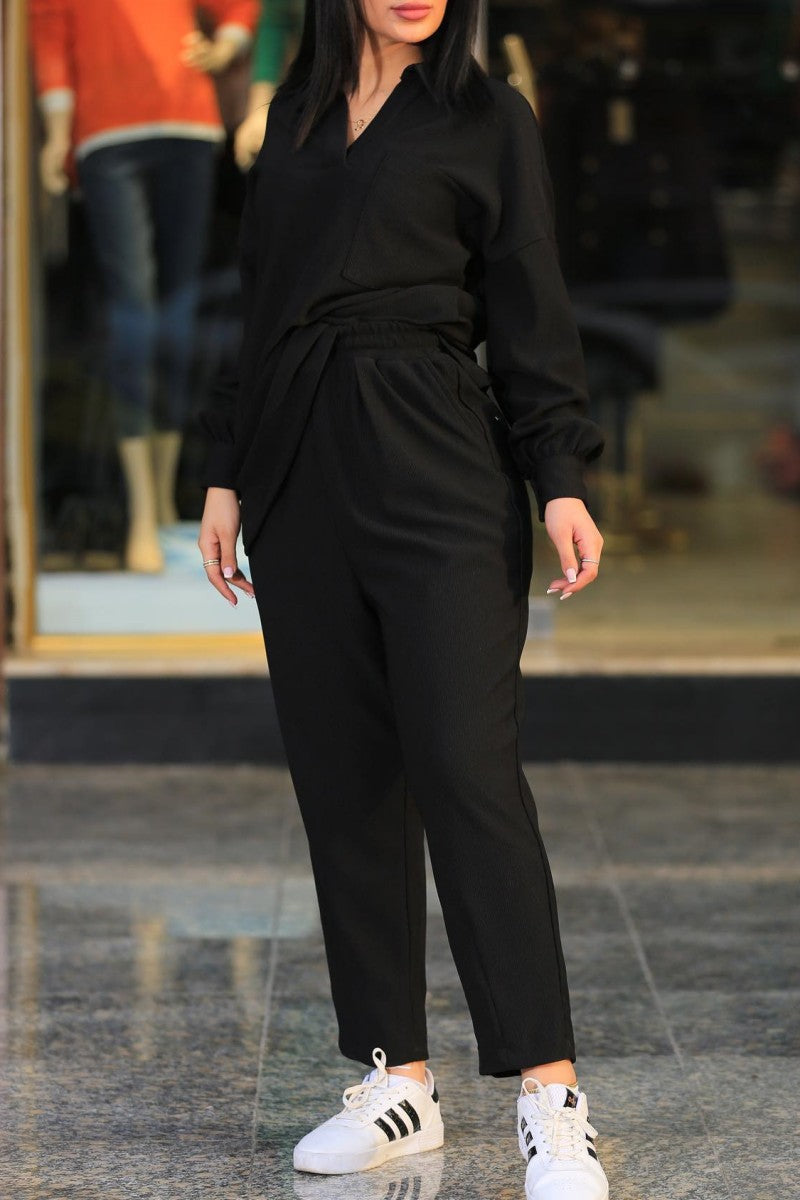 Kaynafashions - Casual Solid Patchwork Turndown Collar Long Sleeve Two Pieces