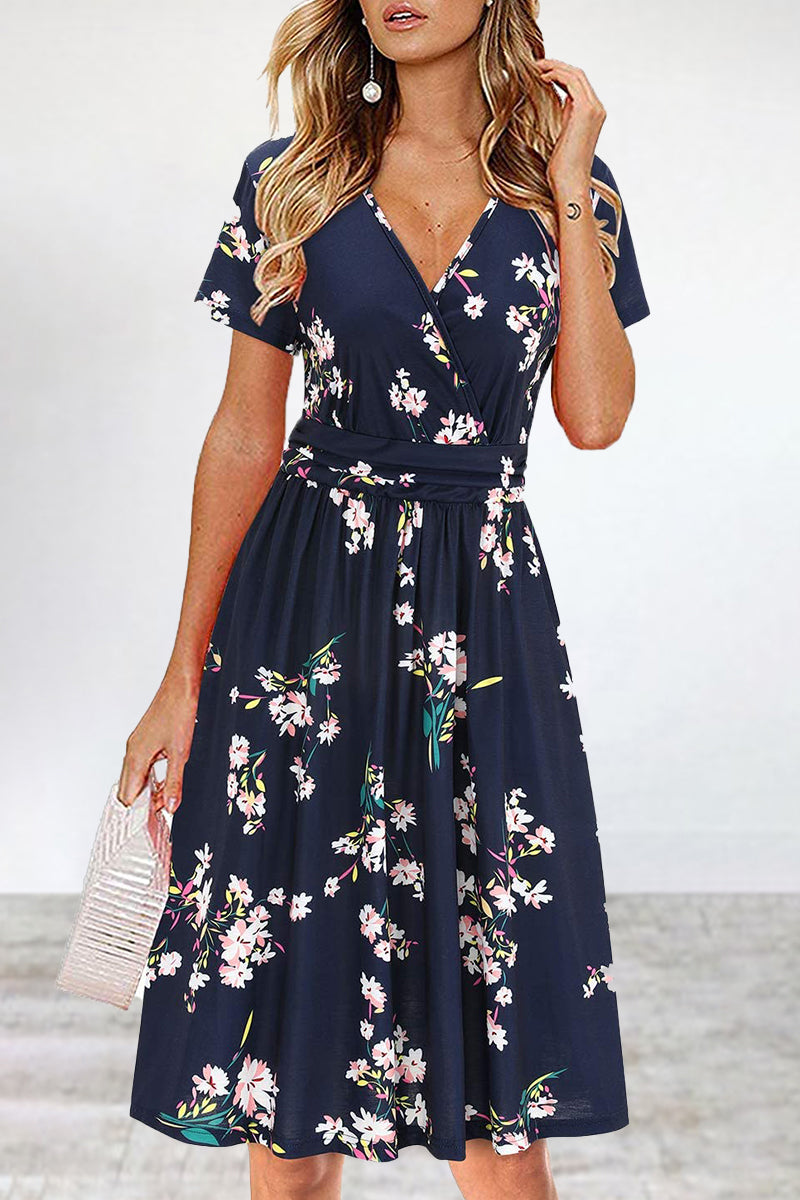 Kaynafashions - Elegant College Floral Patchwork V Neck A Line Dresses
