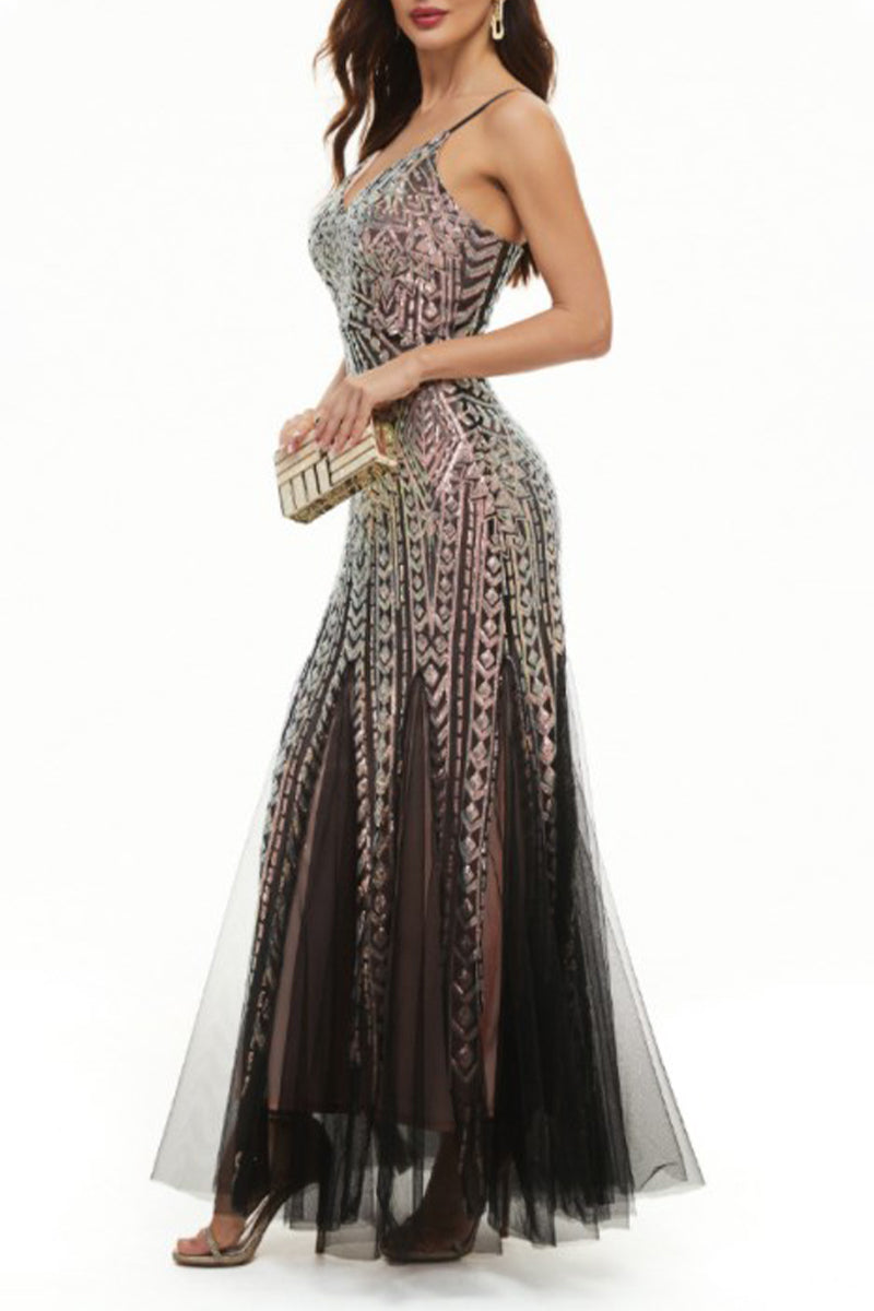 Kaynafashions - Sexy Celebrities Patchwork Sequins V Neck Evening Dress Dresses(4 Colors)