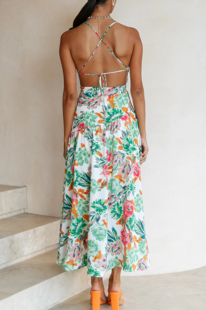 Kaynafashions - Elegant Print Frenulum Oblique Collar A Line Dresses