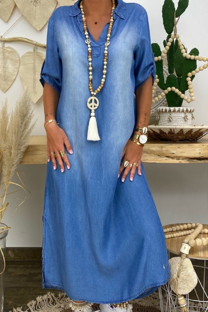 Kaynafashions - Casual Solid Patchwork Turndown Collar Straight Dresses